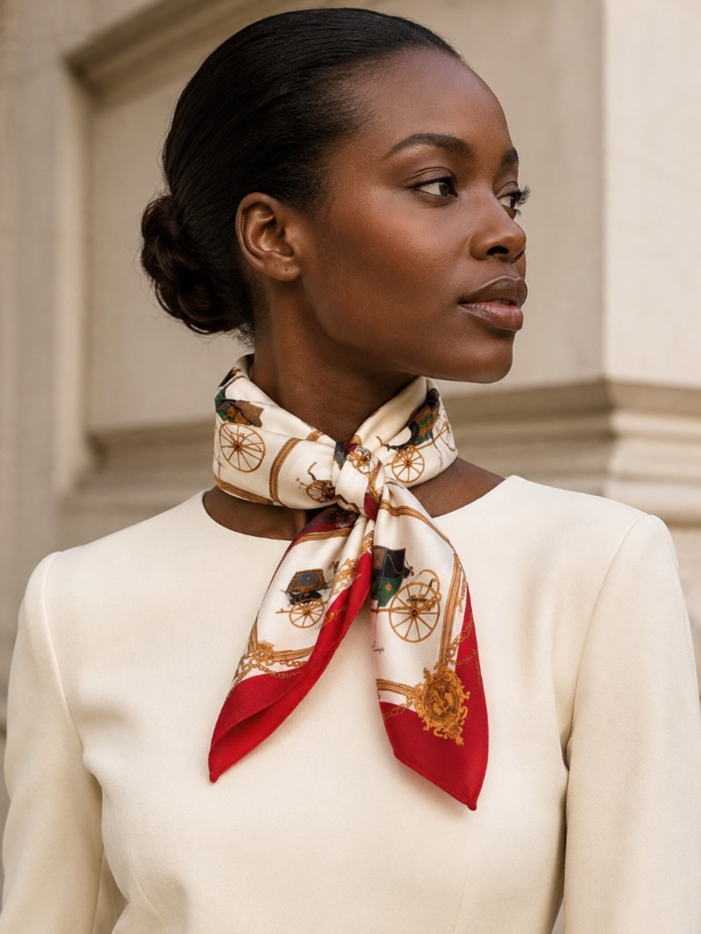 CELINE Vintage Carriage Print Silk-Cotton Scarf – Red & Ivory